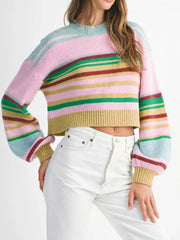 Multicolor striped ribbed cropped sweater with balloon sleeves and crew neck.