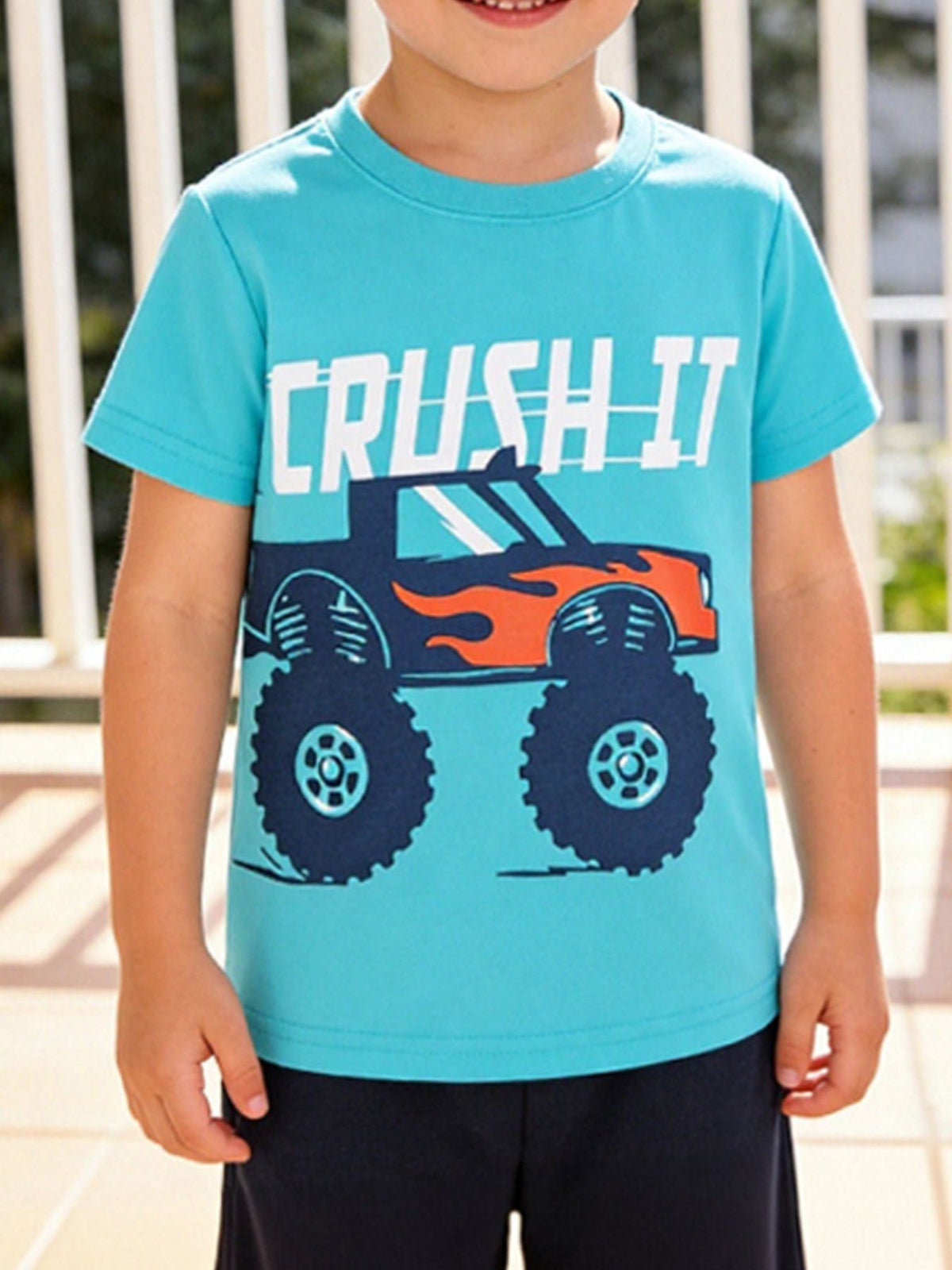Toddler crew neck t-shirt with monster truck graphic and "CRUSH IT" text.