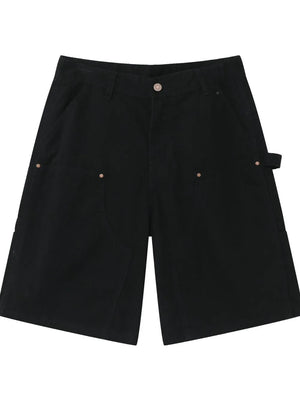 Black denim carpenter shorts with button fly and utility loop.