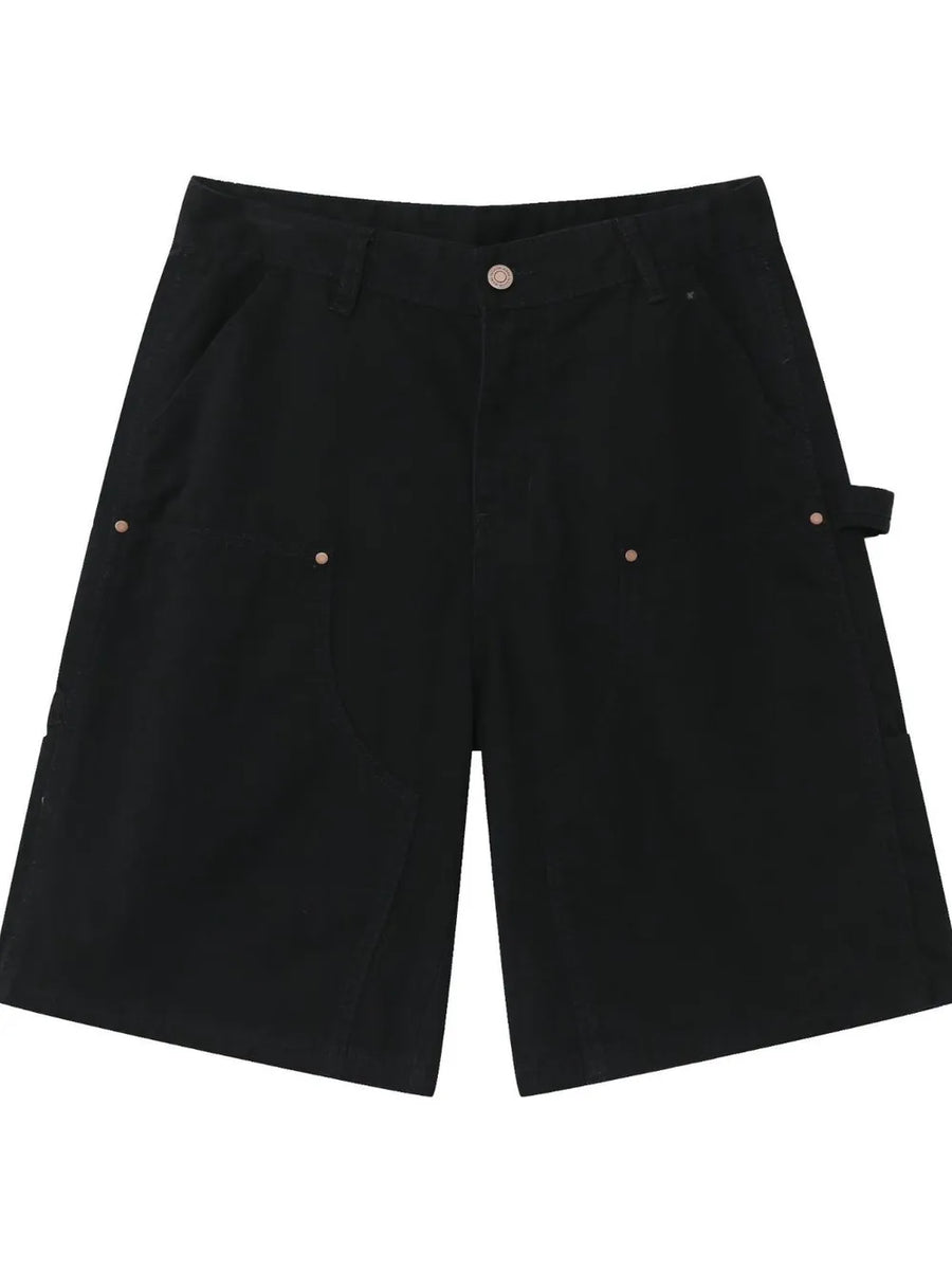 Black denim carpenter shorts with button fly and utility loop.