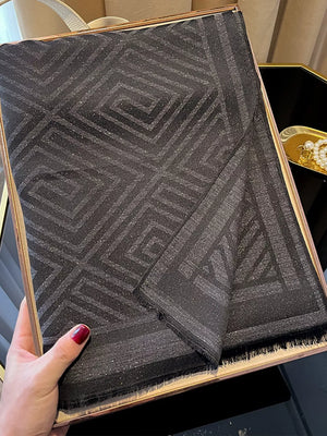 Black Tencel cotton scarf with geometric pattern and fringe detail