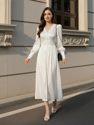 Eggshell midi dress with midi and button-front