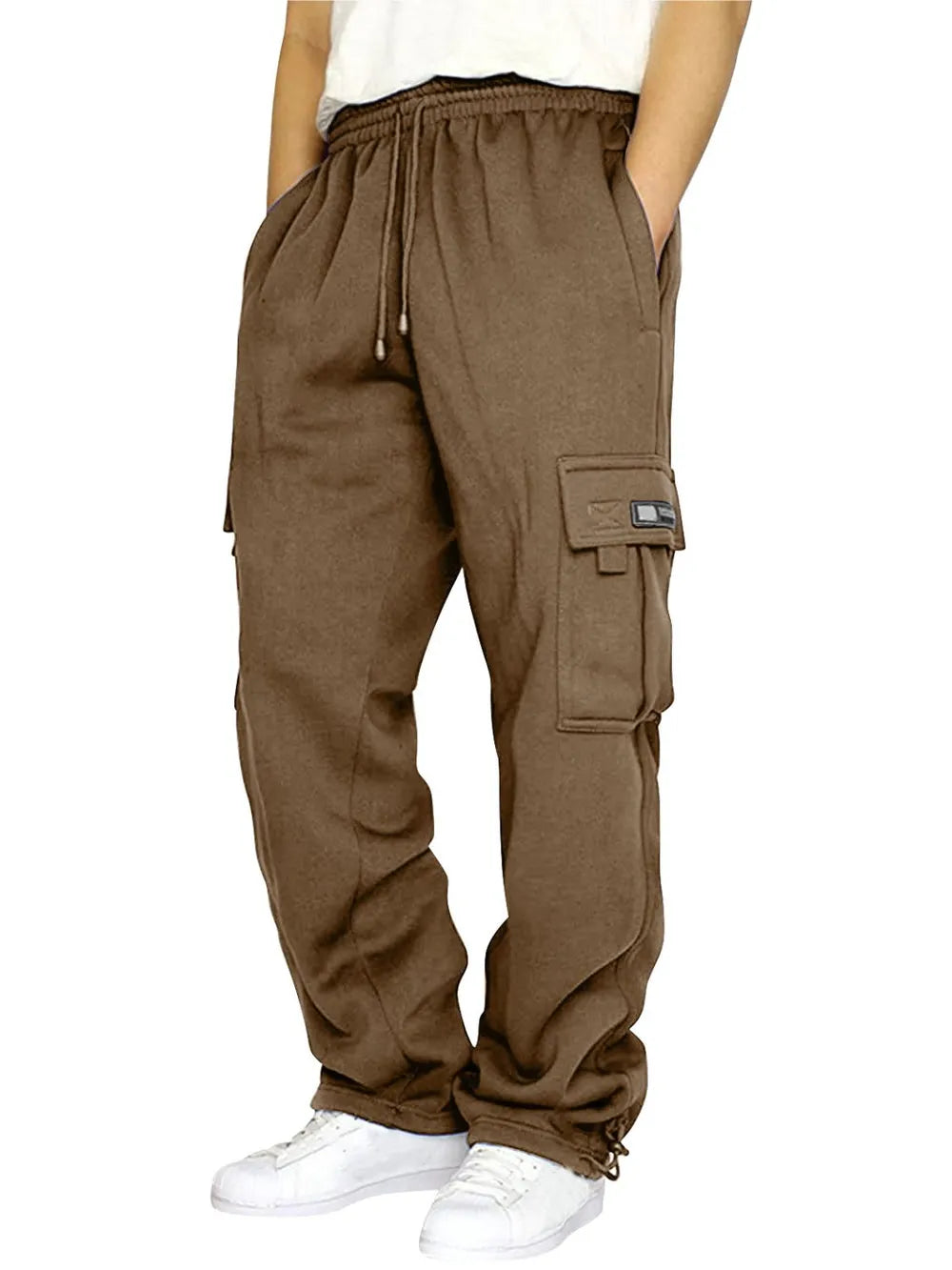 Cargo pocket fleece drawstring lounge trousers in coffee brown with a relaxed fit.