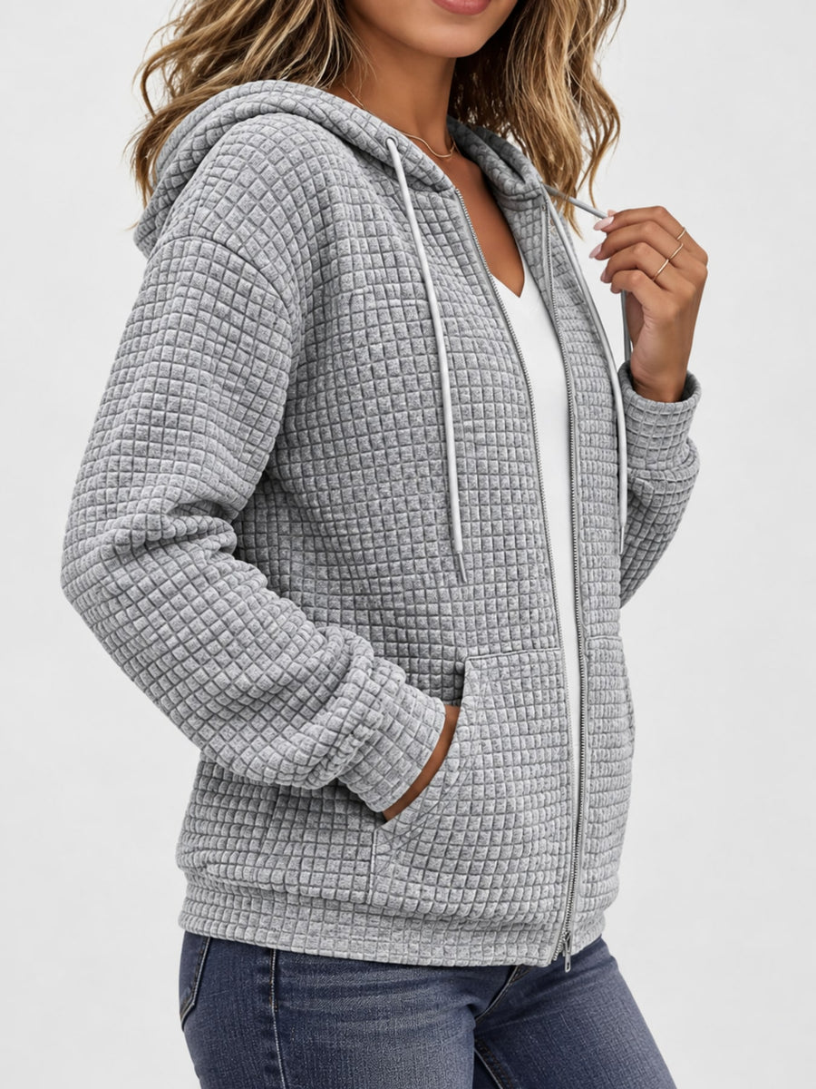 zip hoodie in White with zipper and hip-length