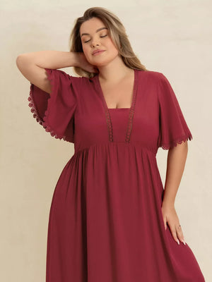 Burgundy lace detail flutter sleeve maxi dress with square neckline