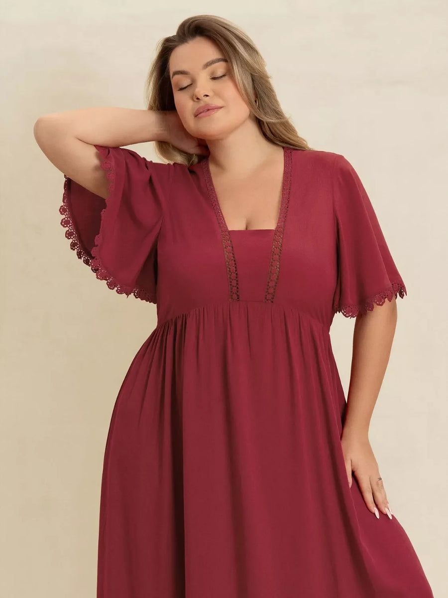 Burgundy lace detail flutter sleeve maxi dress with square neckline