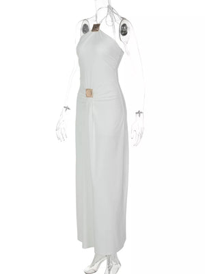 White halter neck ruched maxi dress with gold square embellishments at neckline and waist