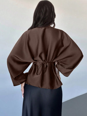 Back Tie Long Sleeve Blouse in Burgundy