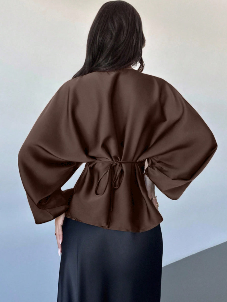 Back Tie Long Sleeve Blouse in Burgundy