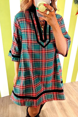 Plaid Velvet Trim Short Shift Dress in Plaid