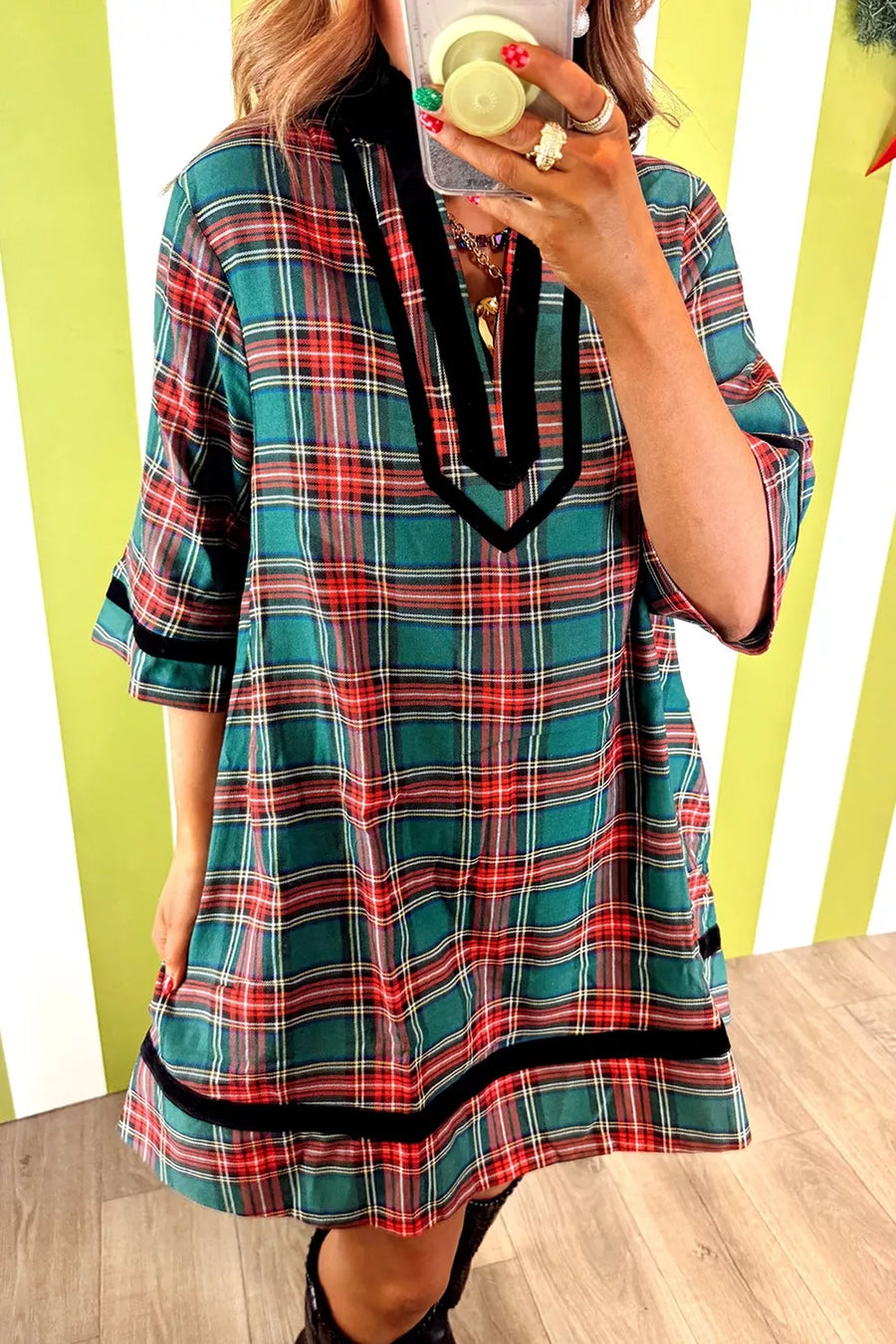 Plaid Velvet Trim Short Shift Dress in Plaid