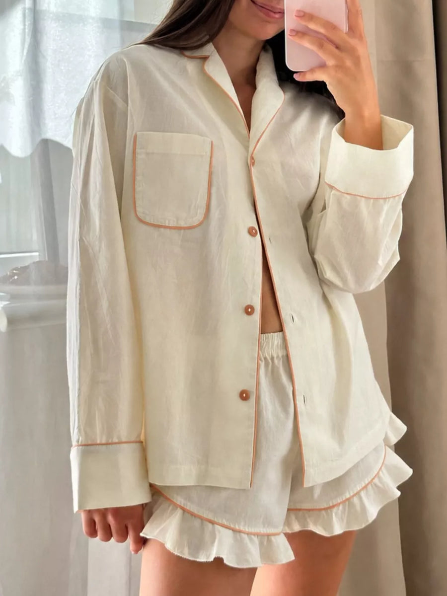 classic pajama set in cream with collared
