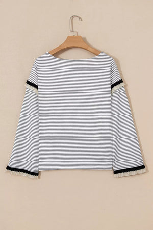 Stripe Contrasted Ruffle Trim Loose Long Sleeve Top option 9