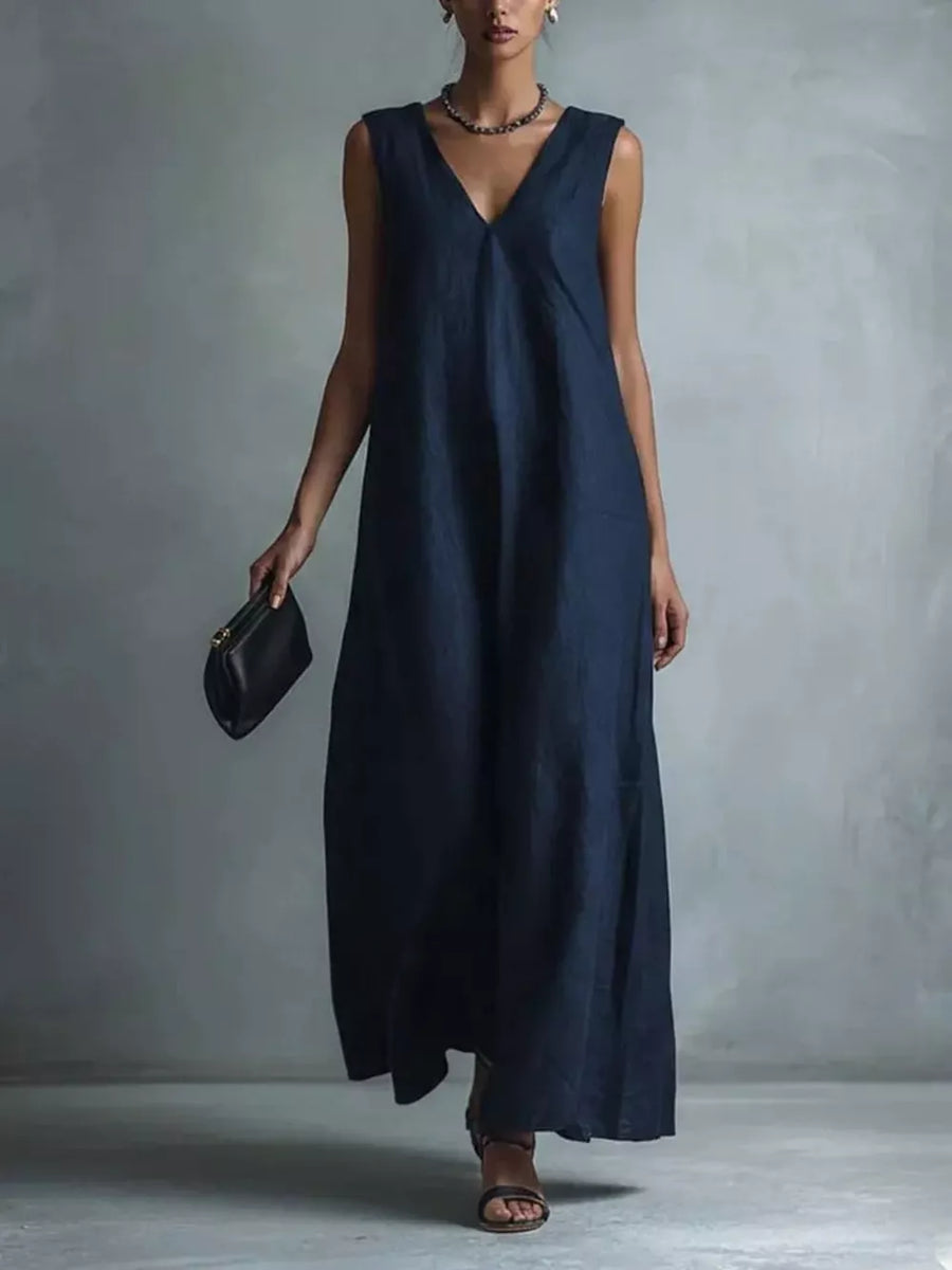 Full Size V-neck Sleeveless Maxi Dress in Tan
