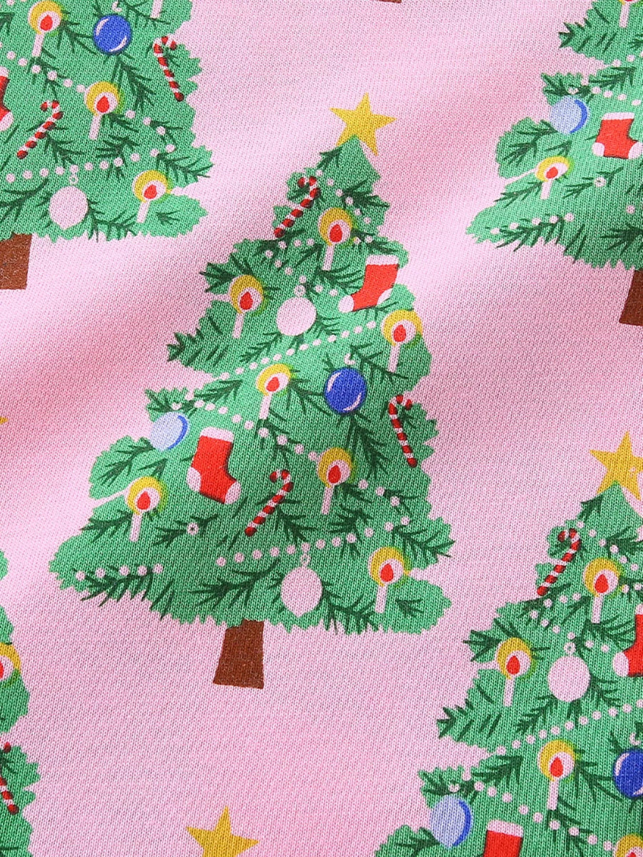 Pink cotton baby dress with a Christmas tree print featuring ornaments and candy canes.