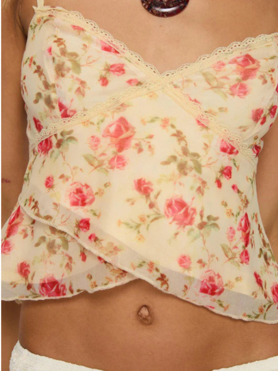 Floral lace trim cami top with a v-neck and rose print