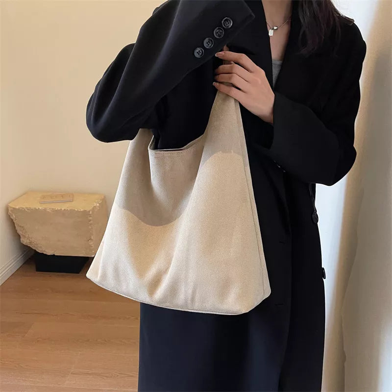 Creamy-white Solid Color Large Shoulder Bag