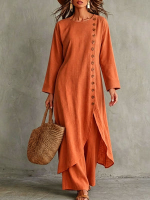 Khaki Color top and pants set with slit and long sleeve