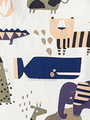 Toddler cotton set with playful animal print featuring a tiger, whale, giraffe, and elephant.