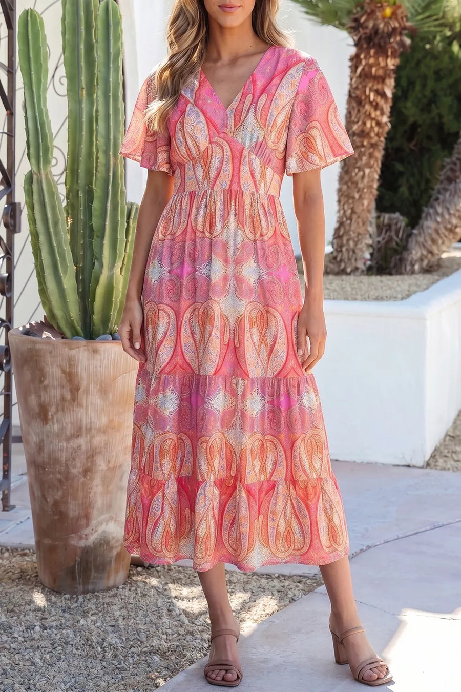Paisley print boho midi dress in burnt coral with V-neck and short sleeves