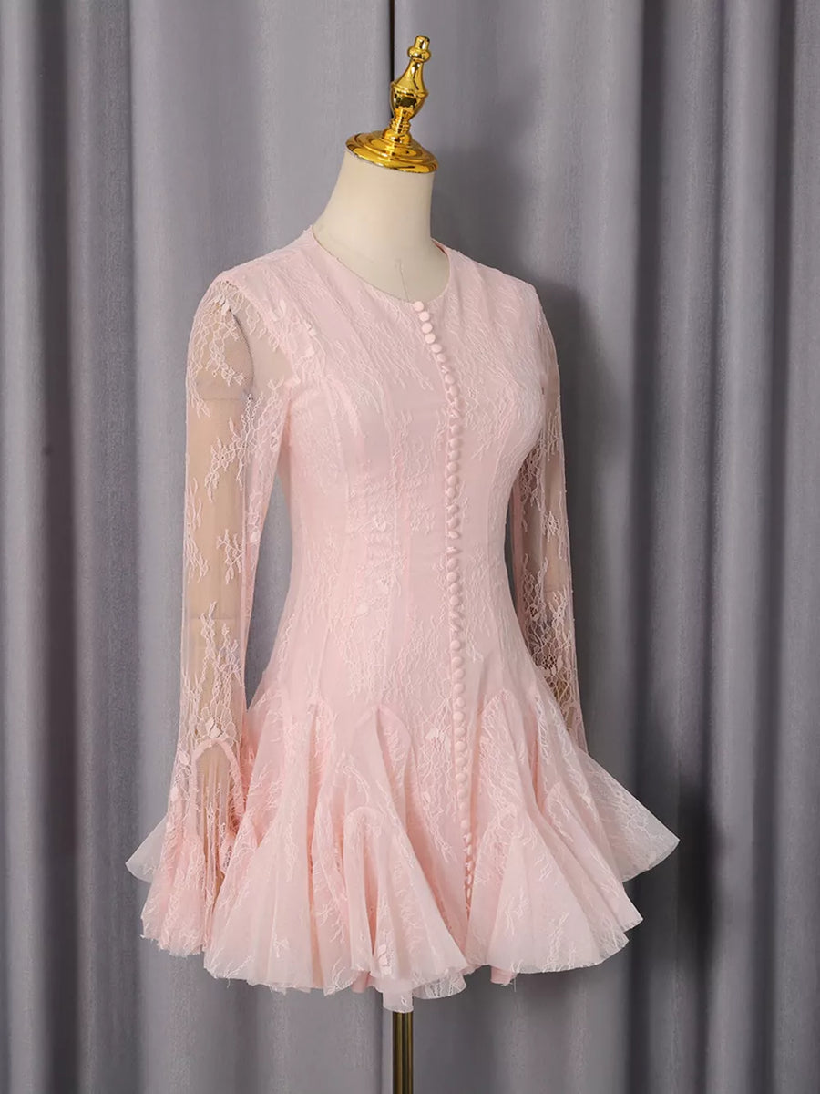 Pink with Lace Flare Sleeve Mini Dress