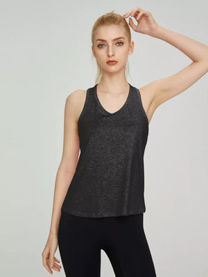 Women's dark grey heathered v-neck sleeveless athletic tank top