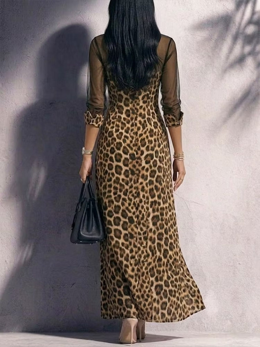 black maxi dress featuring buttoned and leopard