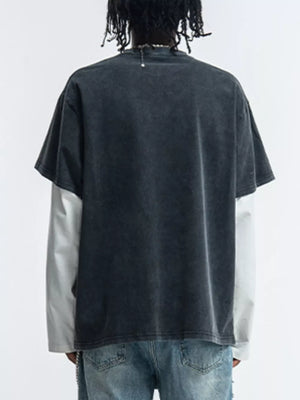 Men's black fake two-piece long sleeve t-shirt with white undersleeve.