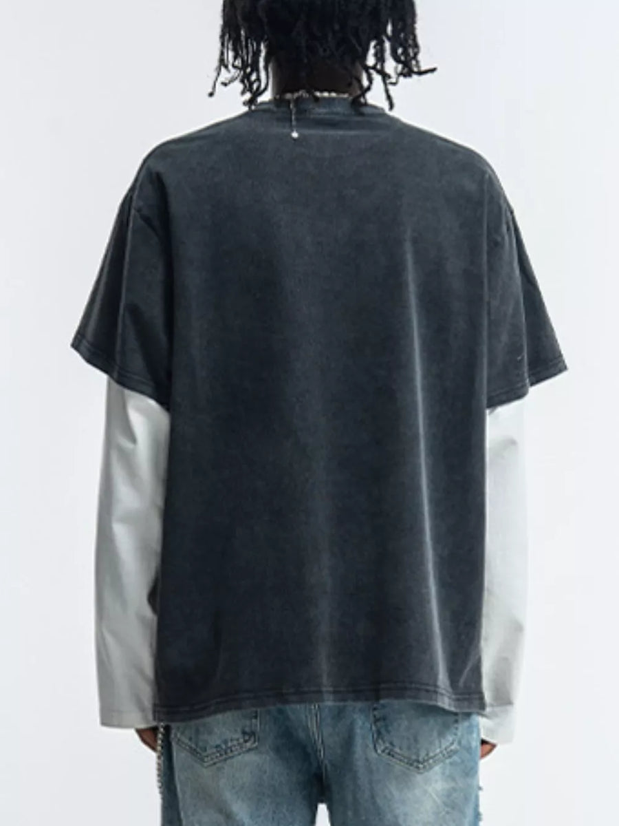 Men's black fake two-piece long sleeve t-shirt with white undersleeve.