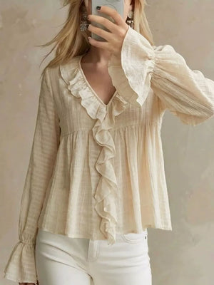 Off-white Ruffled V-neck Flounce Sleeve Blouse