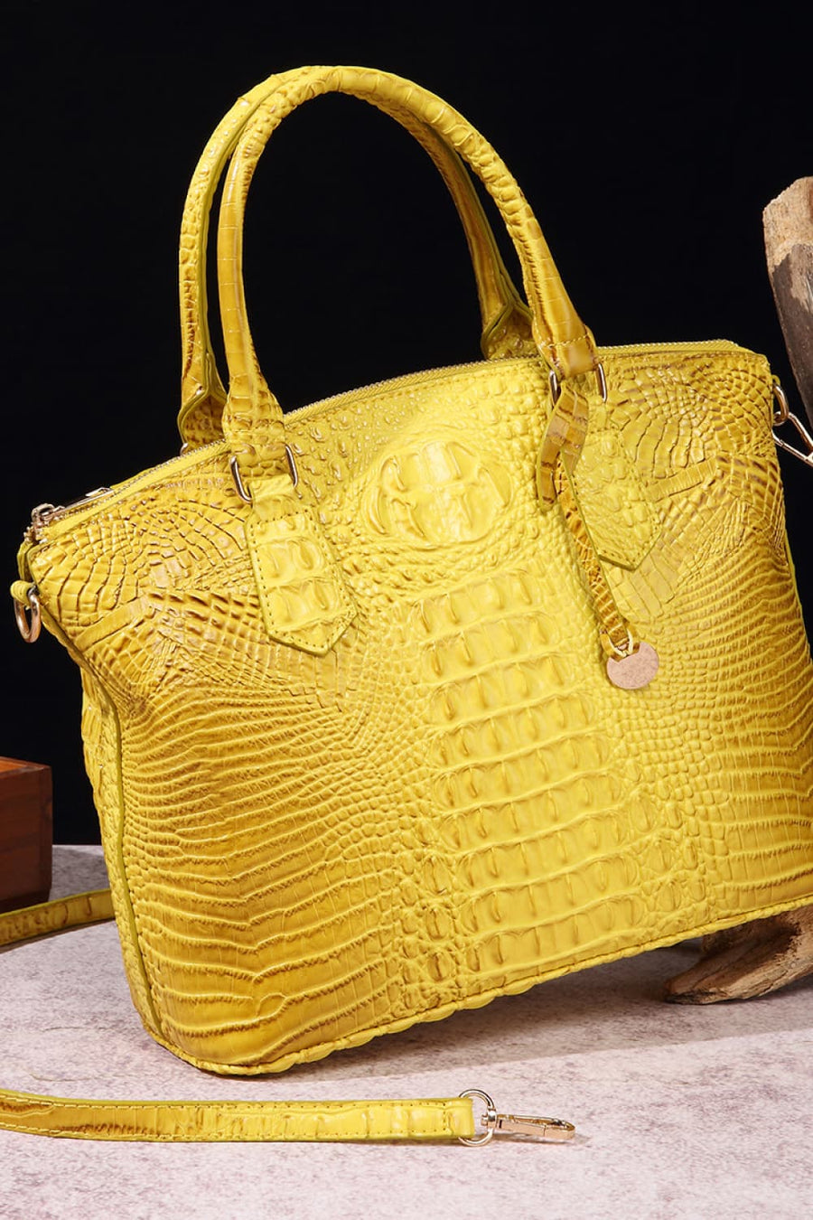 Yellow crocodile embossed satchel bag with top handles and shoulder strap
