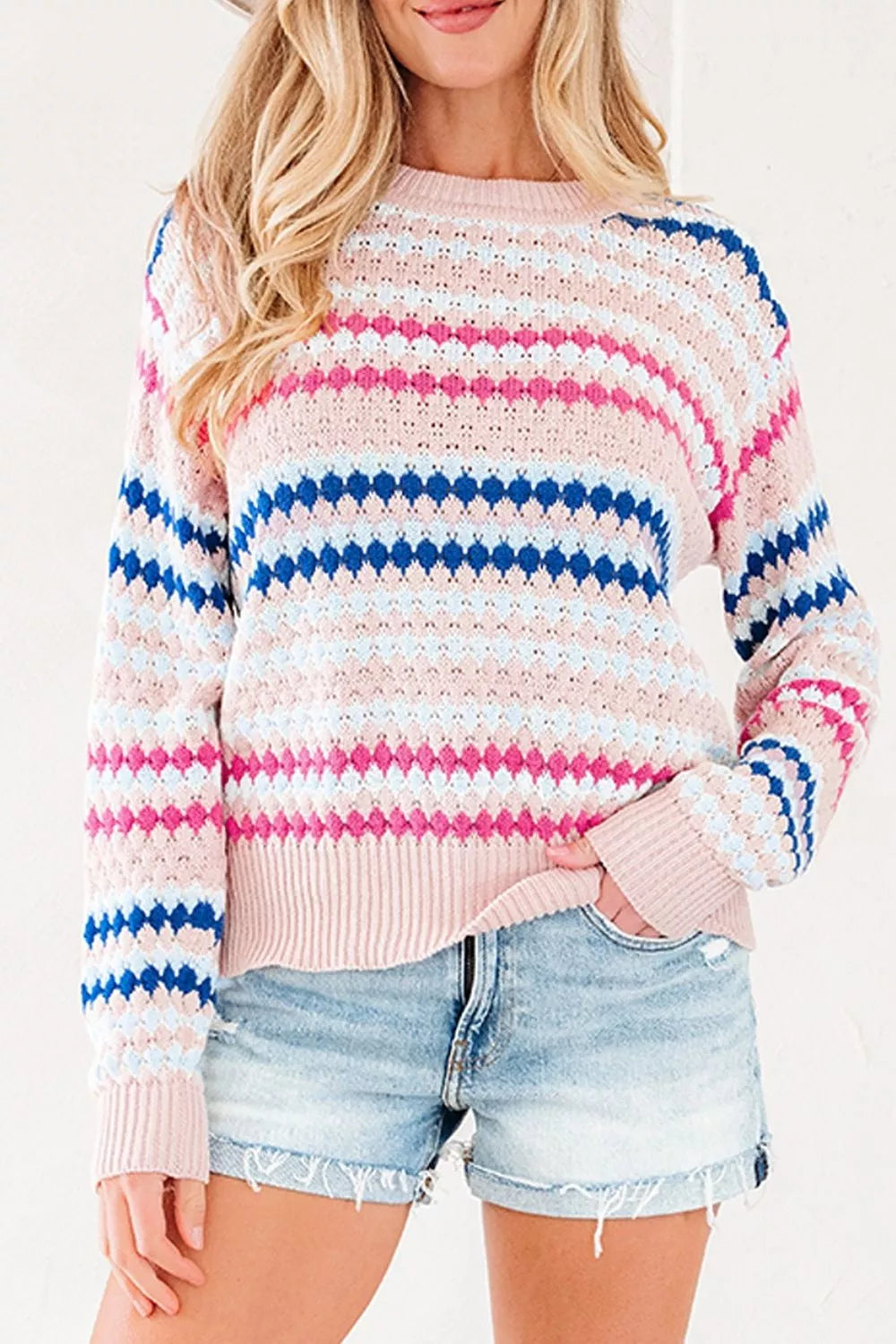Blush Pink with Striped Geometric Pattern Sweater