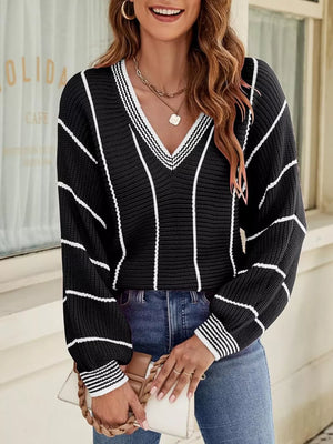V-neck Striped Contrast Sweater in Dark Green