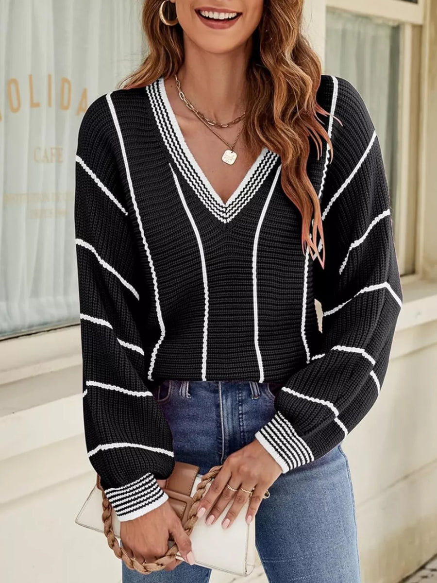 V-neck Striped Contrast Sweater in Dark Green