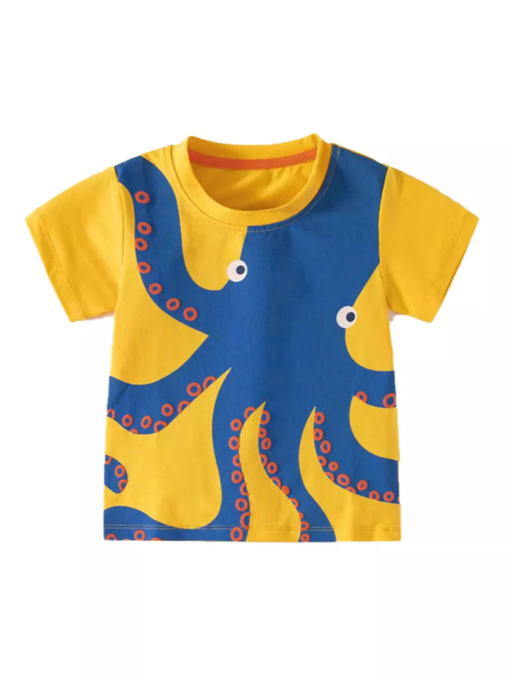 Yellow toddler t-shirt with blue octopus print and orange suction cups.