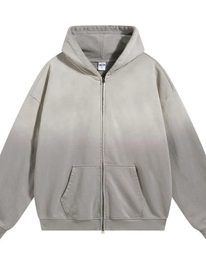 Oversized zip-up hoodie in gray with vintage wash and front pocket.