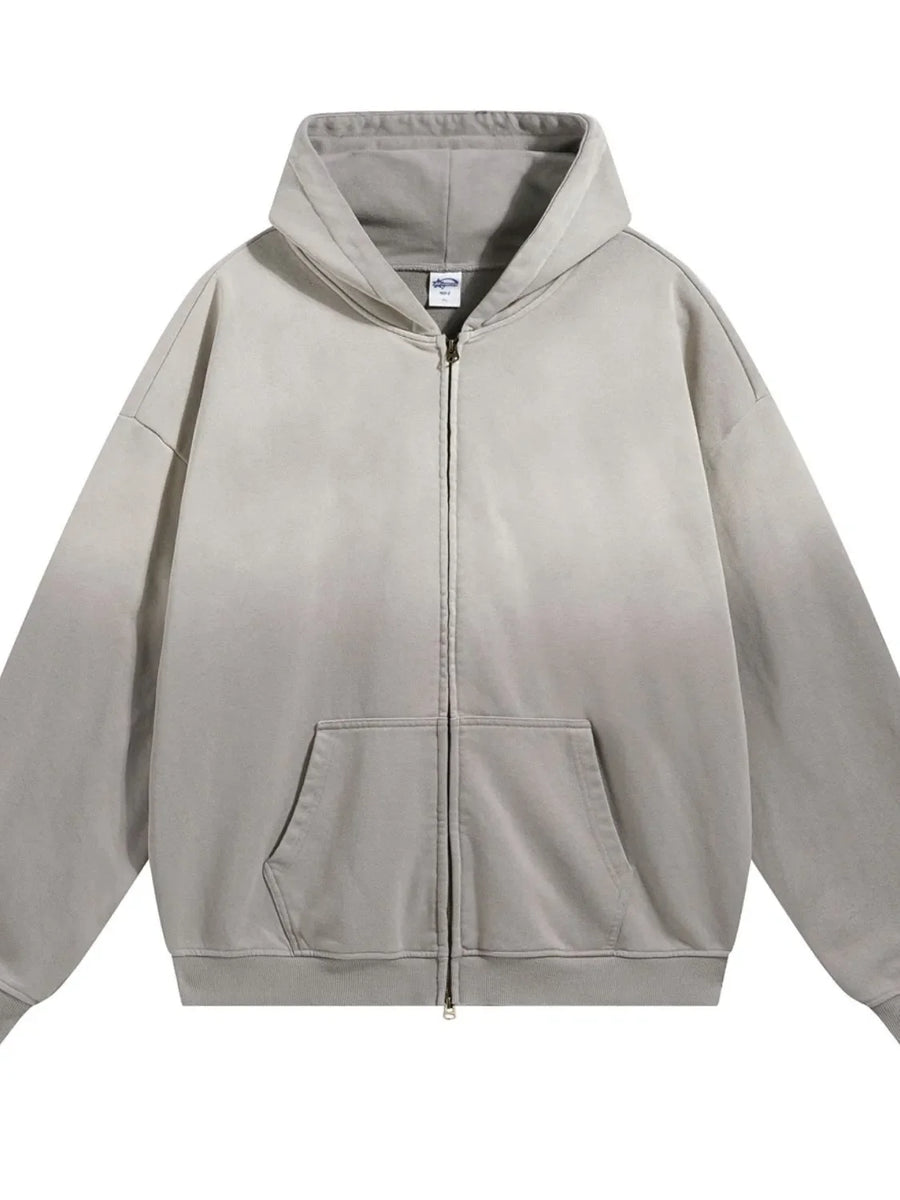 Oversized zip-up hoodie in gray with vintage wash and front pocket.