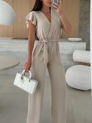 Tan Surplice Ruffle Sleeve Wide Leg Jumpsuit