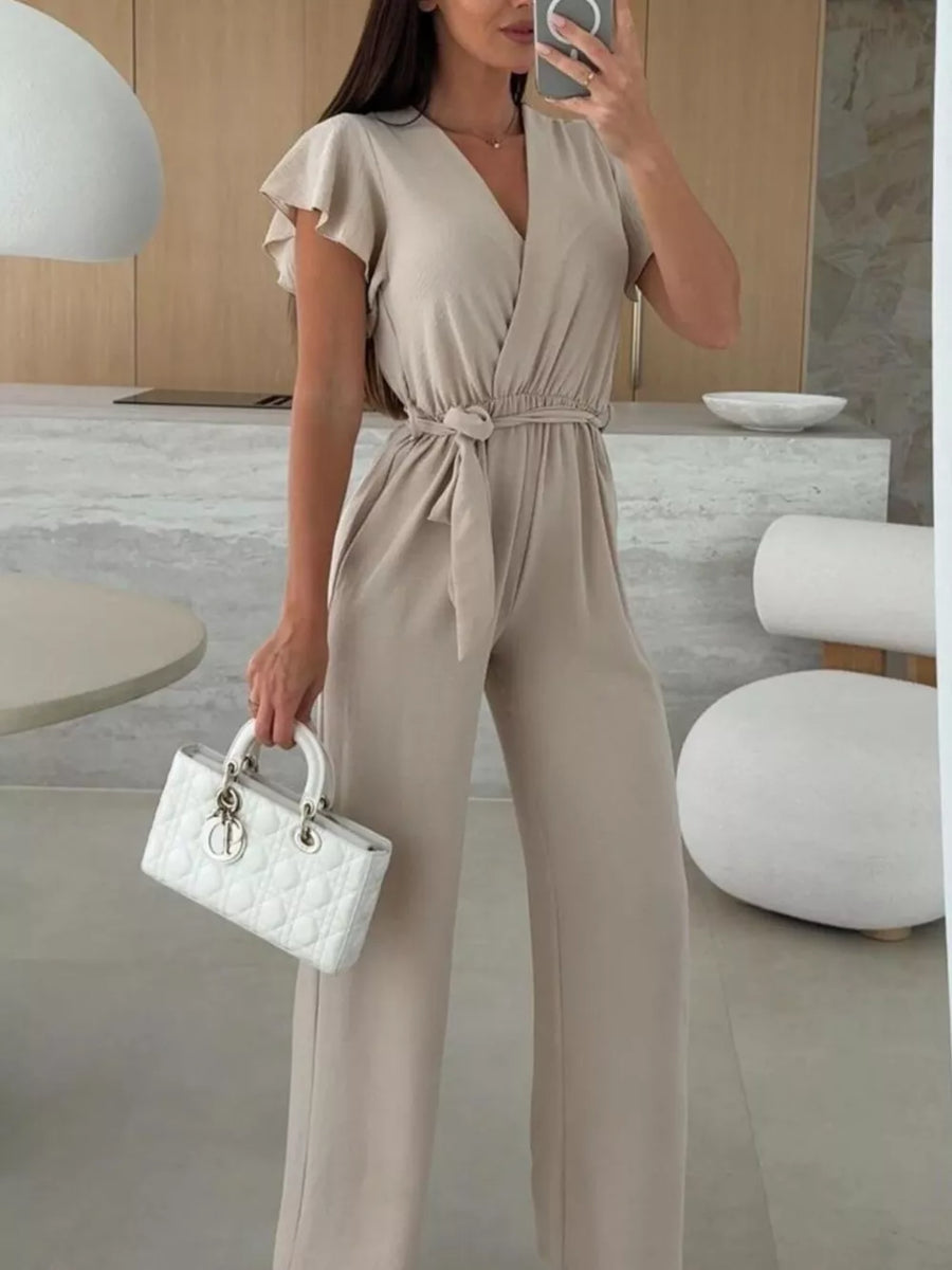 Tan Surplice Ruffle Sleeve Wide Leg Jumpsuit