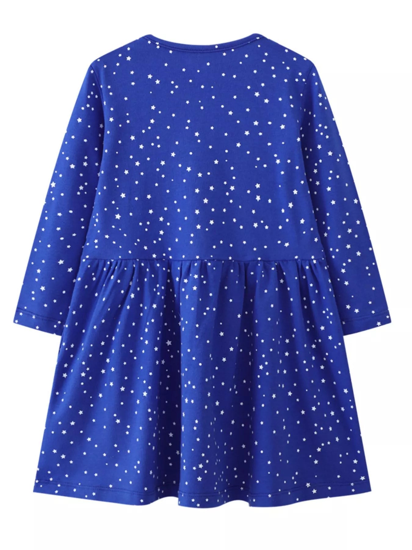 Children's royal blue long-sleeve dress with white stars and gathered skirt.