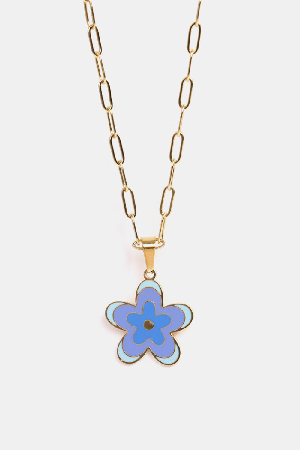 Enamel floral pendant chain necklace in light blue with gold-plated links.