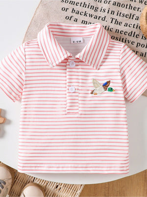 Pink striped baby polo shirt with embroidered duck detail