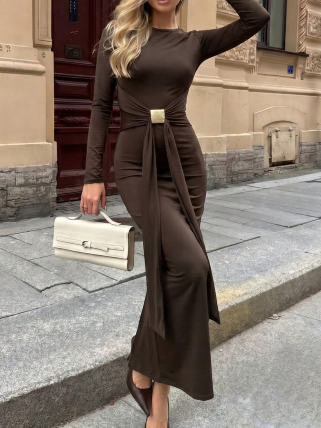 maxi dress in dark brown featuring tied and fitted fit