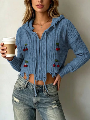 Cherry Knit Zip-up Hooded Sweater in White