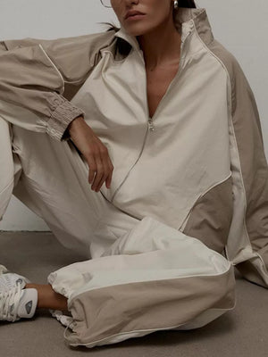 Color Block Zip Up Outerwear And Pants Set in White