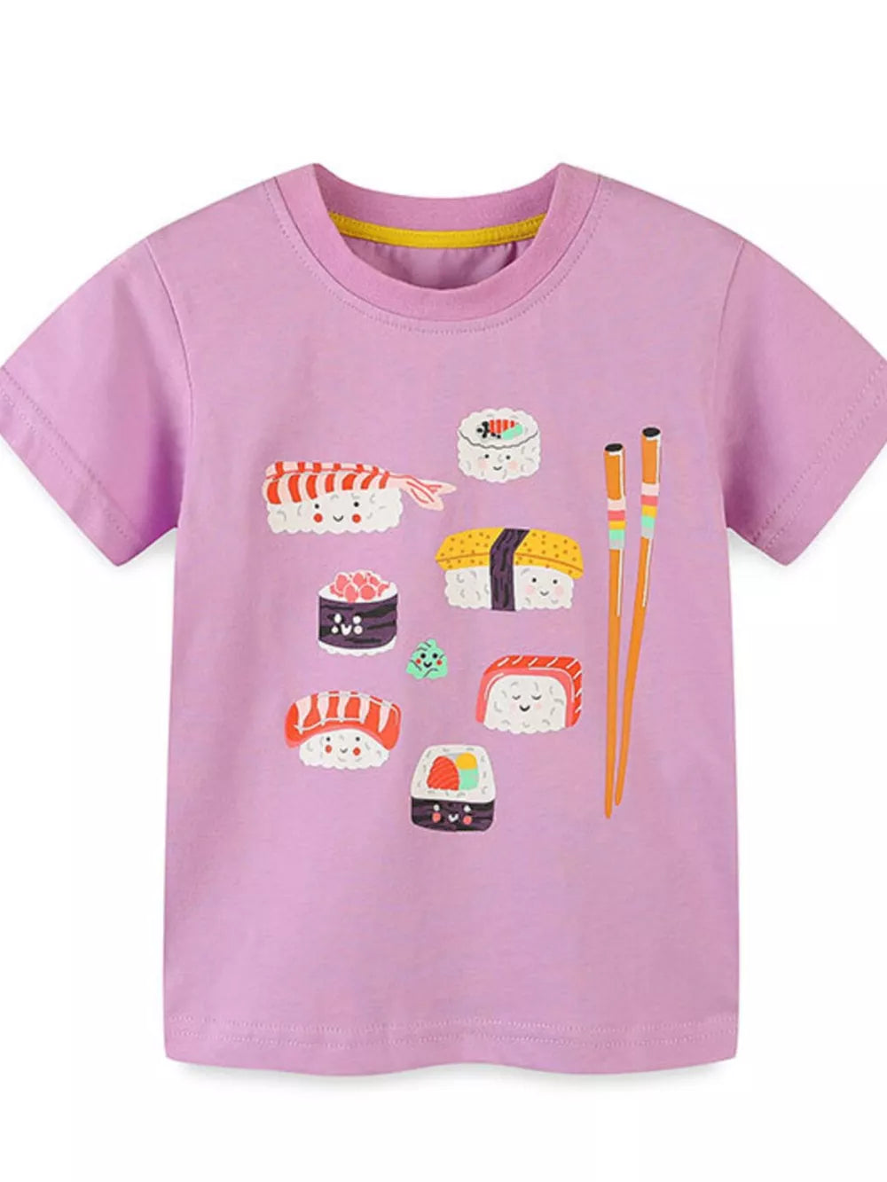 Lilac cotton blend toddler t-shirt with playful sushi graphic and chopsticks.