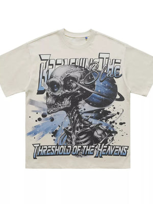 Beige t-shirt with a bold skull graphic and space-themed text.