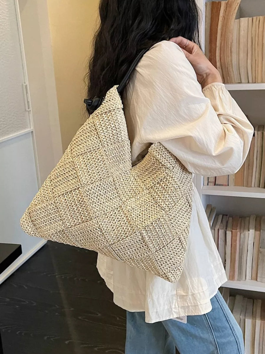 Cream White with Woven Straw Shoulder Bag
