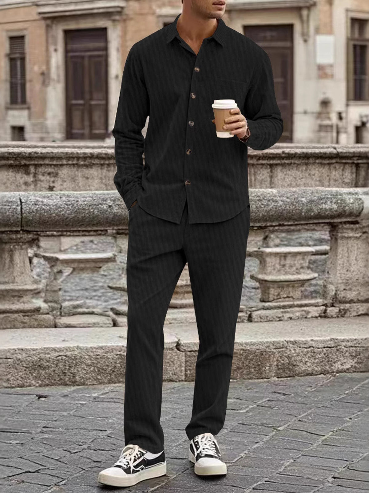 Men's Full Size Button Up Long Sleeve Shirt And Pants Set in Navy Blue