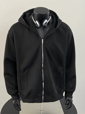 Black zip-up hoodie for men with a comfortable fit and cotton blend material.